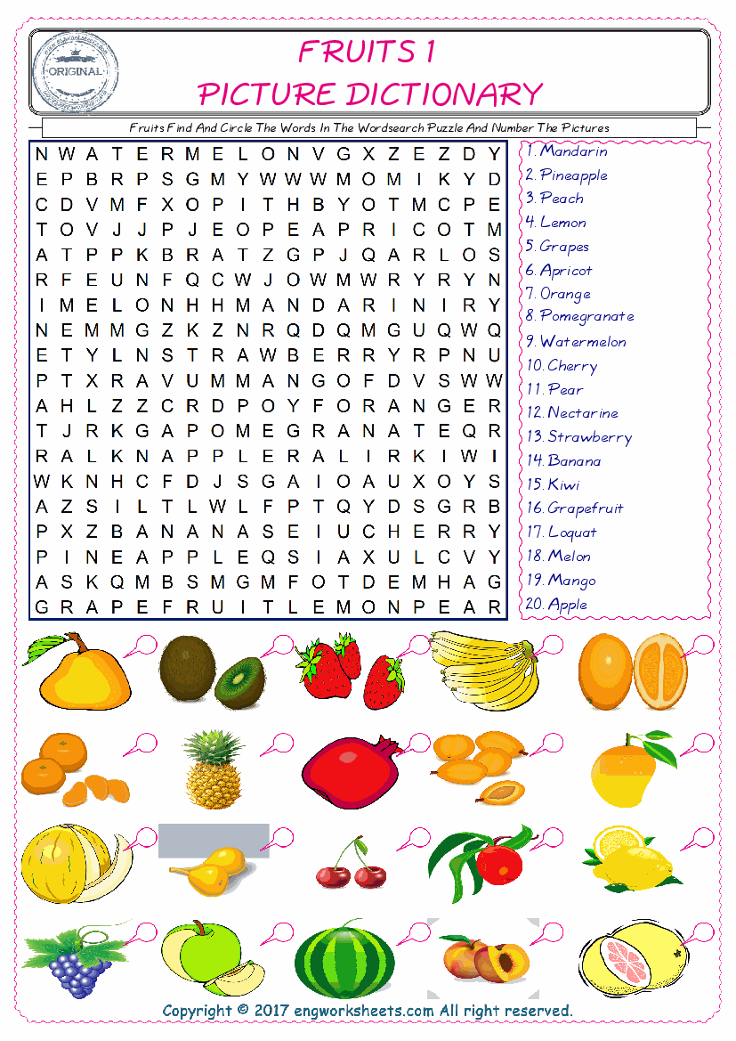  ESL wordsearch worksheets for kids, find Fruits words in the word wordsearch write its number on its picture English worksheet. 